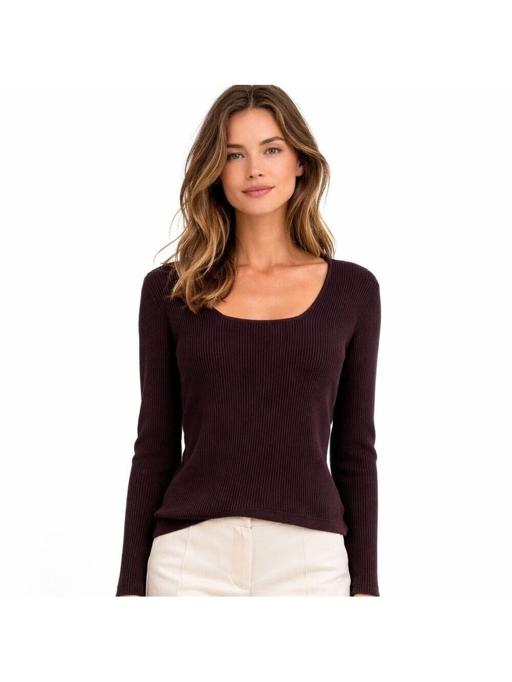 PICADILLY FASHION Deep Burgundy Rib Knit Long Sleeve Fitted Sweater US Sz XXL
